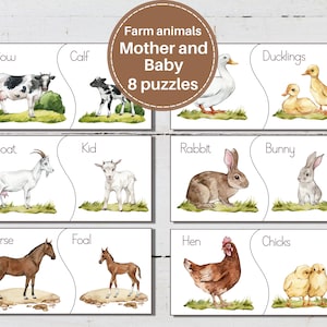 Cartões de correspondência de animais de fazenda de mãe e bebê e flash cards. Imprimível de primavera Montessori. Atividade de correspondência para crianças pequenas e pré-escolares.