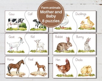 Mother and baby farm animal matching cards and flash cards. Montessori spring printable. Matching activity for toddlers and preschool.