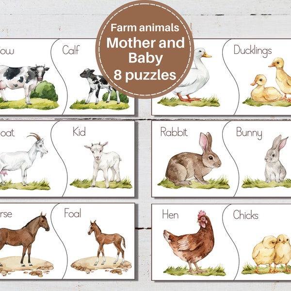 Mother and baby farm animal matching cards and flash cards. Montessori spring printable. Matching activity for toddlers and preschool.