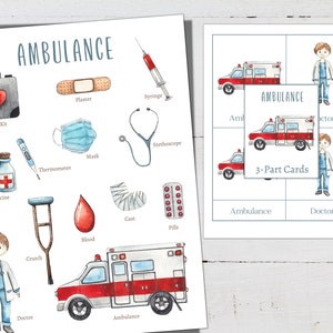 AMBULANCIA Vocabulario Mini Póster + Tarjetas de 3 Partes, Educación en el Hogar, Montessori, DESCARGA INSTANTÁNEA