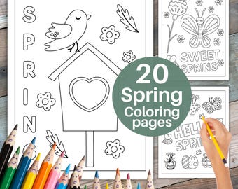 May include: A set of 20 printable coloring pages featuring spring themes. The pages include a bird in a birdhouse, a butterfly, and a cup of flowers. The text "SPRING" is featured on several of the pages.