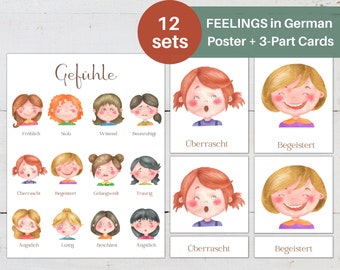 EMOTIONS GERMAN Edition, Mini Poster + 3-Part Cards, Homeschool, Montessori for Kids, Instant Download