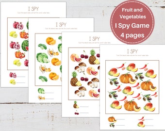FRUIT and VEGETABLES I Spy, Printable Fruit and Vegetables activity, Preschool, Kindergarten counting game, Instant Download