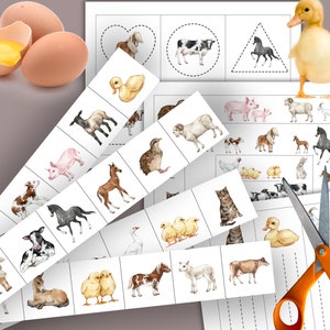 May include: A printable worksheet with images of farm animals, including a cow, sheep, pig, duck, horse, and a quail. The worksheet is designed for children to match the animals to their corresponding shapes: a circle, a heart, and a triangle.