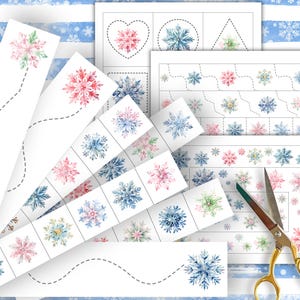 Könnte beinhalten: Druckbarer Winter-Schneeflocken-Aktivitäts-Set für Kinder. Enthält Übungen zum Nachzeichnen, zum Zuordnen und zum Ausschneiden. Mit Aquarell-Schneeflocken in Blau, Rosa und Grün.