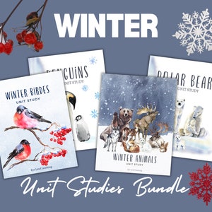 May include: A bundle of four printable unit studies for preschool and kindergarten. The unit studies include winter birds, penguins, polar bears, and winter animals. Each unit study features watercolor illustrations and the text "Unit Study" and "Eye Level Learning".