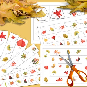 AUTUMN/FALL Leaves Cutting Strips, Scissor Practice, Preschool printable, Homeschool activity