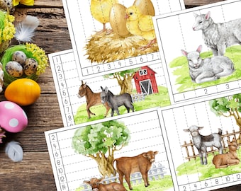 May include: A set of printable farm animal puzzles for kids. Each puzzle features a different farm animal, such as a lamb, a donkey, a cow, and a chick, on a grid with numbers. The puzzles are perfect for helping children learn about farm animals and develop their fine motor skills.
