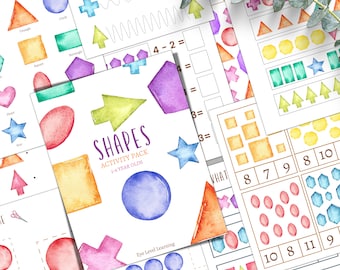 May include: A set of printable worksheets for kids ages 3-6 featuring watercolor illustrations of shapes. The worksheets include activities like counting, matching, and tracing. The title of the set is "Shapes Activity Pack".