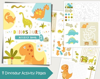 May include: A colorful dinosaur activity book with the title "Dinosaurs Activity Book 2" and the text "11 Dinosaur Activity Pages". The book features illustrations of various dinosaurs, mazes, and coloring pages. The color palette includes orange, green, and blue.
