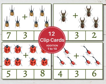 BEETLES Addition Clip Cards, 1 to 10, Early Math Activity for Kids, Instant Download