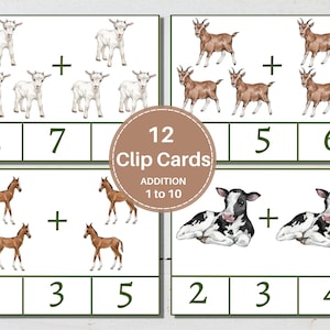 FARM ANIMALS Addition Clip Cards, 1 to 10, Early Math Activity for Kids, Instant Download
