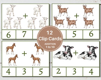 FARM ANIMALS Addition Clip Cards, 1 to 10, Early Math Activity for Kids, Instant Download