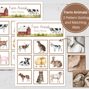 ANIMALES DE GRANJA Tapete a juego de patrones, Montessori, Tarjetas de estudio de la naturaleza, Patrones de mariposas, Actividad de educación en el hogar, DESCARGA instantánea
