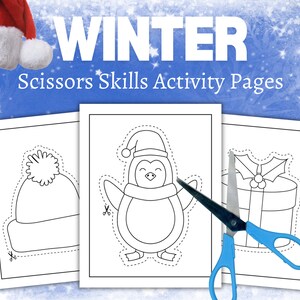 Könnte beinhalten: Drei schwarz-weiße, druckbare Winter-Schneideaktivitätsseiten. Die Seiten zeigen einen Pinguin, einen Hut und eine Geschenkbox. Jedes Bild hat eine gepunktete Linie darum herum zum Üben des Schneidens.