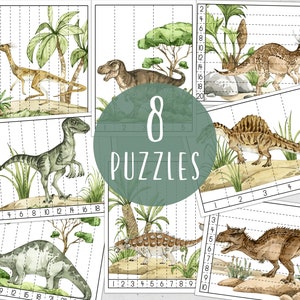 DINOSAURS Number Sequence Puzzles, Skip Counting, Printable, Preschool counting activity, Kids Homeschool Learning Puzzles