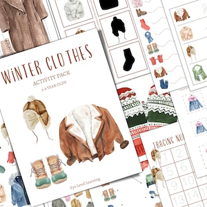 Peut inclure: Un pack d'activités imprimable pour les enfants de 3 à 6 ans mettant en scène des vêtements d'hiver. Le pack comprend un jeu de correspondance, une activité de traçage de nombres et une recherche de mots sur les vêtements d'hiver. Le pack est illustré avec des images d'aquarelle de vêtements d'hiver.