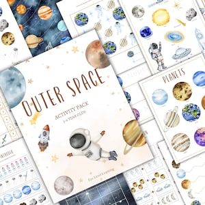 May include: Educational activity sheets with an outer space theme. The cover reads "Outer Space Activity Pack 3-6 Year Olds" with illustrations of planets, a rocket, and an astronaut. Other sheets show planets, the sun, and the moon.