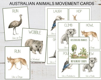 ANIMAL MOVEMENT CARDS, Australian Animals, Calm Down Activity, Kids Movement, Montessori Flashcards, Fitness for Kids, homeschool printable