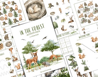 Peut inclure: Un pack d'activités imprimable pour les enfants de 3 à 6 ans avec une illustration aquarelle d'un cerf dans un décor de forêt. Le pack comprend des activités telles que le tracé de lettres, des jeux de correspondance et un jeu de "Je vois, je vois". Le texte "In the Forest Activity Pack 3-6 Year Olds" est imprimé sur la couverture.