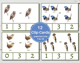 BIRDS Subtraction Clip Cards, 1 to 10, Early Math Activity for Kids, Instant Download