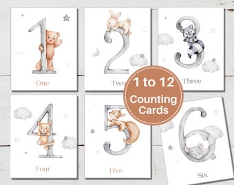CUTE ANIMAL NUMBER Cards, 1 to 12 Counting, Toddler Activity, Printable, Instant Download