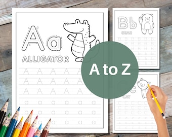 ANIMAL ABC Coloring and Tracing Worksheets, A to Z, Preschool Activity, Capital and Lowercase Letters, Digital Product, Instant DOWNLOAD