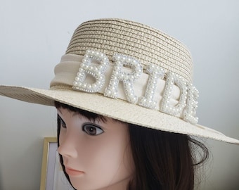Foldable Bride Sun Hat, Bride Hat, Travel Friendly Bride Hat, Hens Party Hat, Pearl Bride Hat, Bride Beach Hat