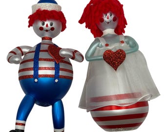 Christopher Radko Hearts and Stripes Raggedy Ann Andy Ornaments (2002) Italiaans glas