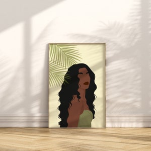 Black Girl Art Print, Abstract Female Art, Black Girl Illustration, Green Boho Wall Art, Living Room Digital Art, Female Portrait