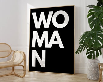 Woman Digital Art, Oversized Word Art, Digital Office Print, Female Empowerment Print, Minimalist Wall Art, Black & White Decor