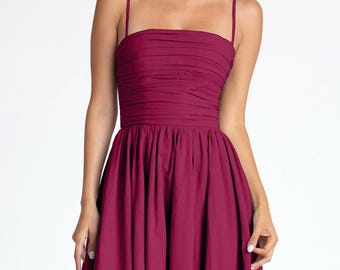 Burgundy Cotton Linen Midi Dress: Fit and Flare Wedding Guest Dress, Pockets