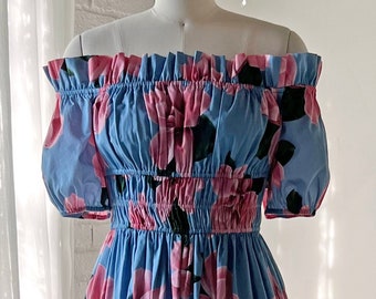 Floral Cotton Off Shoulder Midi Dress: Smocked Cottagecore Dress