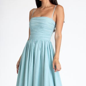 light blue corset midi dress Miss Circle Reina Blue Cotton Poplin Drop Waist Corset Midi Dress S