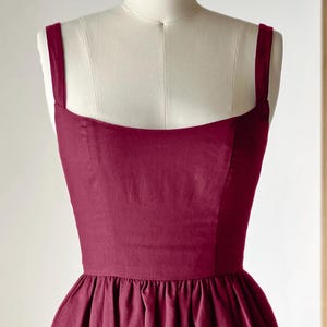 Burgundy Cotton Linen Mini Dress: Fit & Flare Corset Bodice, Pockets