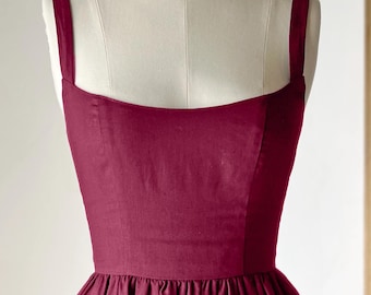 Burgundy Cotton Linen Mini Dress: Fit & Flare Corset Bodice, Pockets