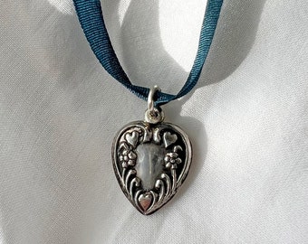 Vintage Sterling Silver Heart Charm Necklace, Silk Ribbon Choker, Coquette, .925, Adjustable, Teal, Valentines Day, Gift For Her, Girly