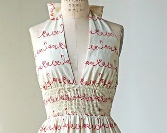 Linen Cotton Halter Midi Dress: Vintage Cream Red 'Love' Print, Pockets