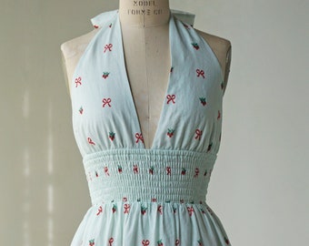 Light Blue Linen Cotton Halter Midi Dress with Bow: Red Vintage Strawberry Print