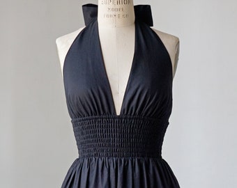 Linen Cotton Black Halter Dress with Pockets: Midi Fit & Flare