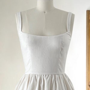 White Mini Dress: Cotton Linen Fit and Flare Corset Style, Pockets
