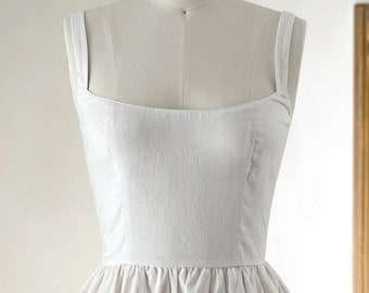 White Mini Dress: Cotton Linen Fit and Flare Corset Style, Pockets
