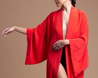 Silk Kimono Robe: Italian Charmeuse Long Jacket, Made in LA