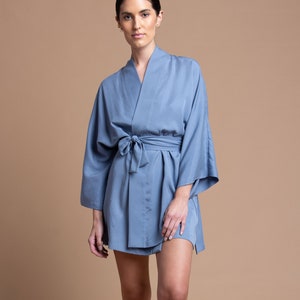 Blue Kimono Robe, Short Robe, Tencel Robe, Sustainable Fabric Robe, Loungewear Robe, Kimono Jacket, One Size, Bridesmaid Robe, Made in USA image 2