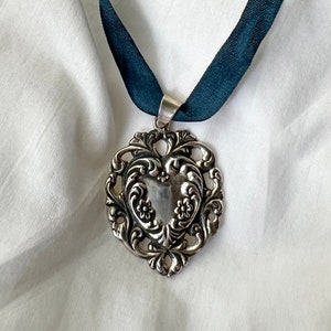 Vintage Sterling Silver Heart Charm Necklace, Silk Ribbon Choker, Coquette, .925, Adjustable, Teal, Valentines Day, Gift For Her, Girly image 1