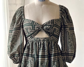 Linen Cotton Mini Dress: Green Paisley Floral Smocked Cottagecore