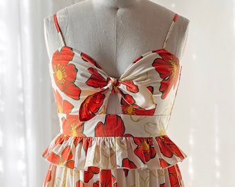 Cream Red Poppy Floral Cotton Maxi Dress: Sweetheart Neckline, Ruffles, Pockets