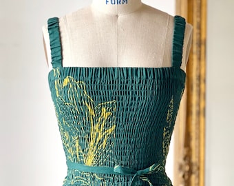 Floral Print Cotton Linen Maxi Dress: Smocked Bodice Vacation Dress