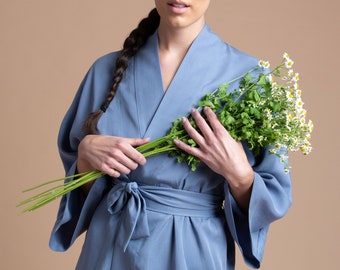 Blue Tencel Kimono Robe: Short Sustainable Loungewear, Made in USA