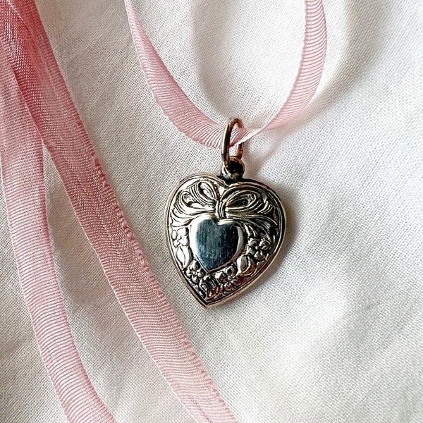 Vintage Sterling Silver Heart Charm Necklace, Silk Ribbon Choker, Coquette, .925, Adjustable, Teal, Valentines Day, Gift For Her, Girly